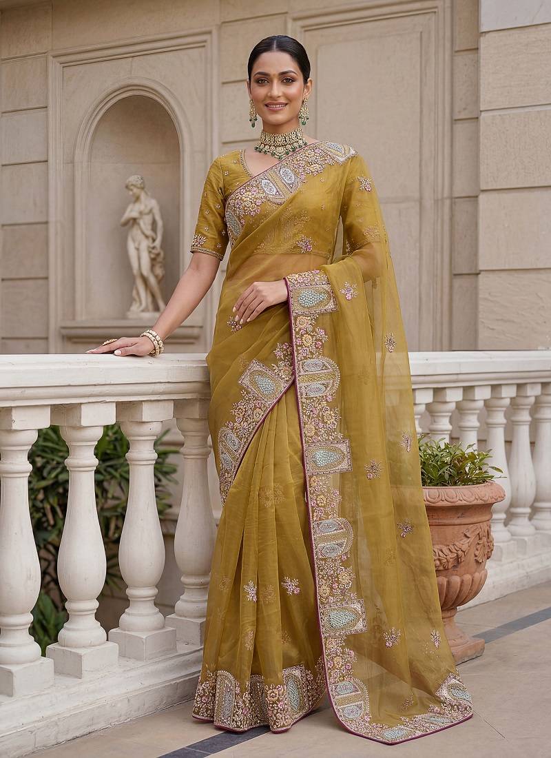Yellow Color Patch Embroidered,Dori,Multi Thread,Zari,Sequins And Zircon Diamond Work Silk Blend Saree