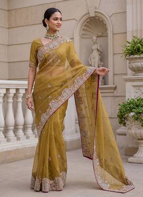 Yellow Color Patch Embroidered,Dori,Multi Thread,Zari,Sequins And Zircon Diamond Work Silk Blend Saree 4