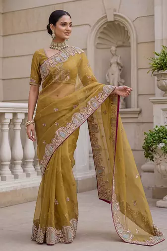 Yellow Color Patch Embroidered,Dori,Multi Thread,Zari,Sequins And Zircon Diamond Work Silk Blend Saree