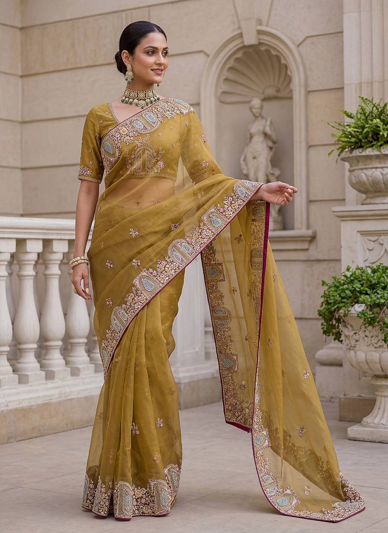 Yellow Color Patch Embroidered,Dori,Multi Thread,Zari,Sequins And Zircon Diamond Work Silk Blend Saree