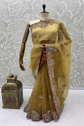Yellow Color Patch Embroidered,Dori,Multi Thread,Zari,Sequins And Zircon Diamond Work Silk Blend Saree
