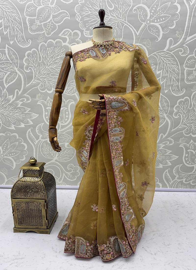 Yellow Color Patch Embroidered,Dori,Multi Thread,Zari,Sequins And Zircon Diamond Work Silk Blend Saree