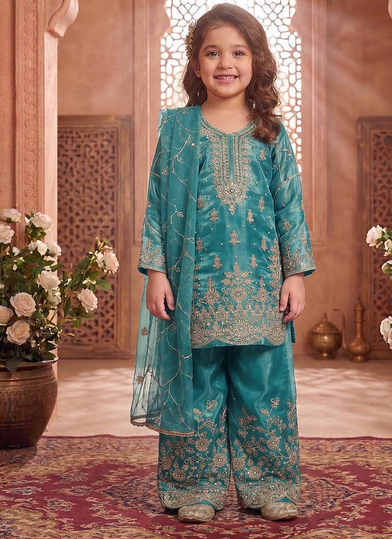 Designer wedding embroidered work kids plazzo set