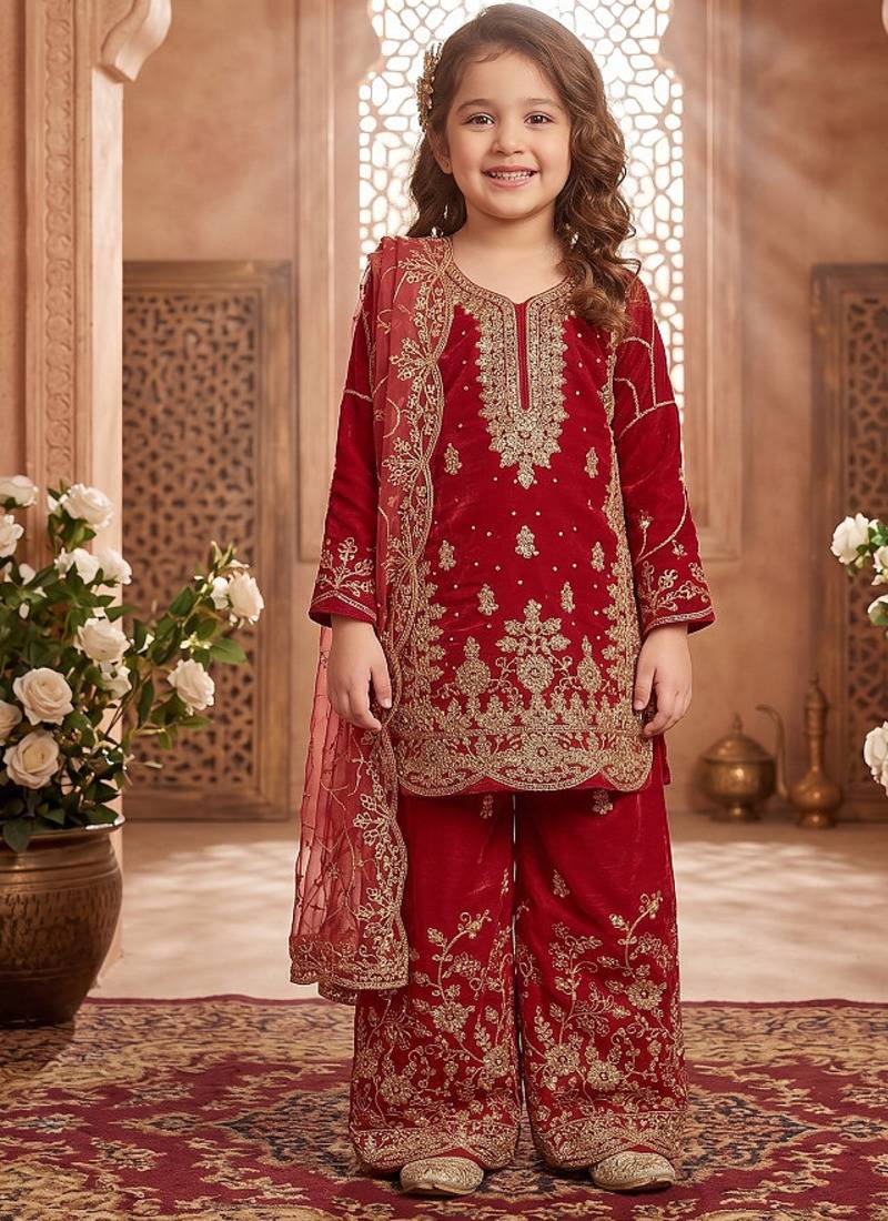 Designer wedding embroidered work kids plazzo set