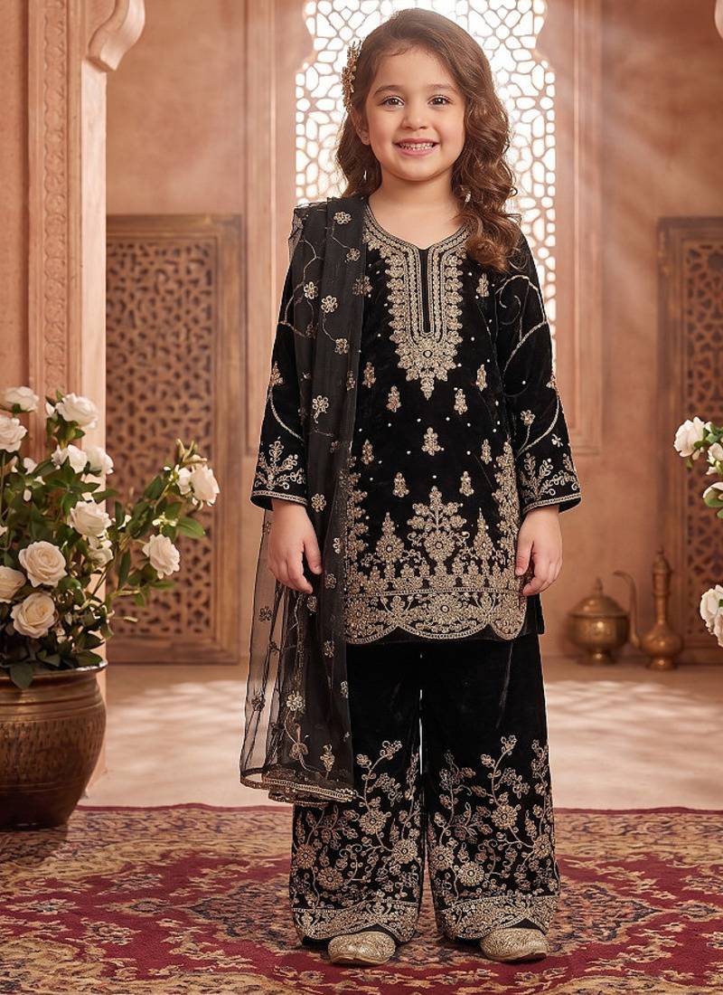 Designer wedding embroidered work kids plazzo set