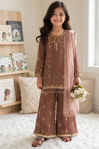 Kids faux georgette embroidered work kurta plazzo set