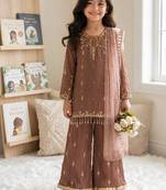 Kids faux georgette embroidered work kurta plazzo set