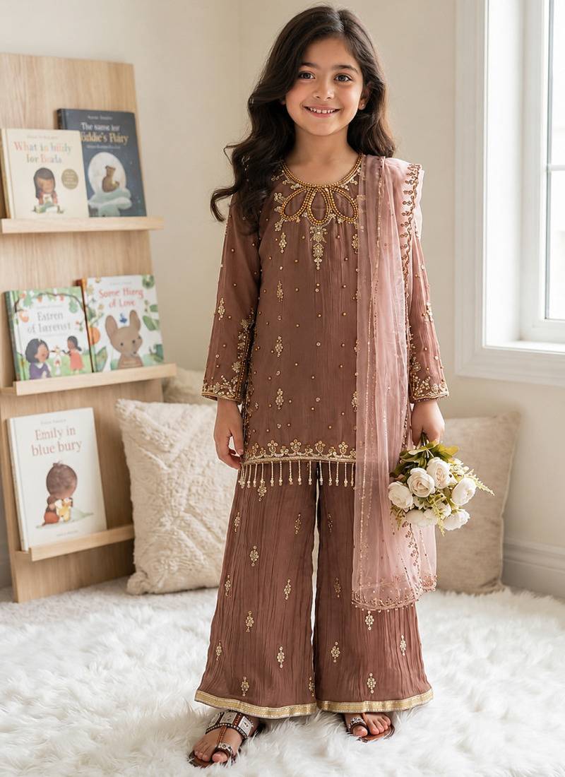 Kids faux georgette embroidered work kurta plazzo set