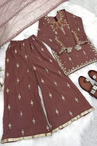 Kids faux georgette embroidered work kurta plazzo set
