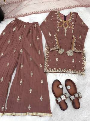 Kids faux georgette embroidered work kurta plazzo set 3