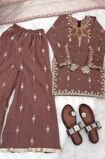 Kids faux georgette embroidered work kurta plazzo set