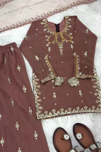 Kids faux georgette embroidered work kurta plazzo set