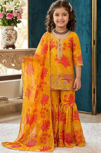 Faux georgette digital print with embroidered work kids sharara set
