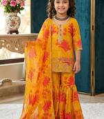 Faux georgette digital print with embroidered work kids sharara set