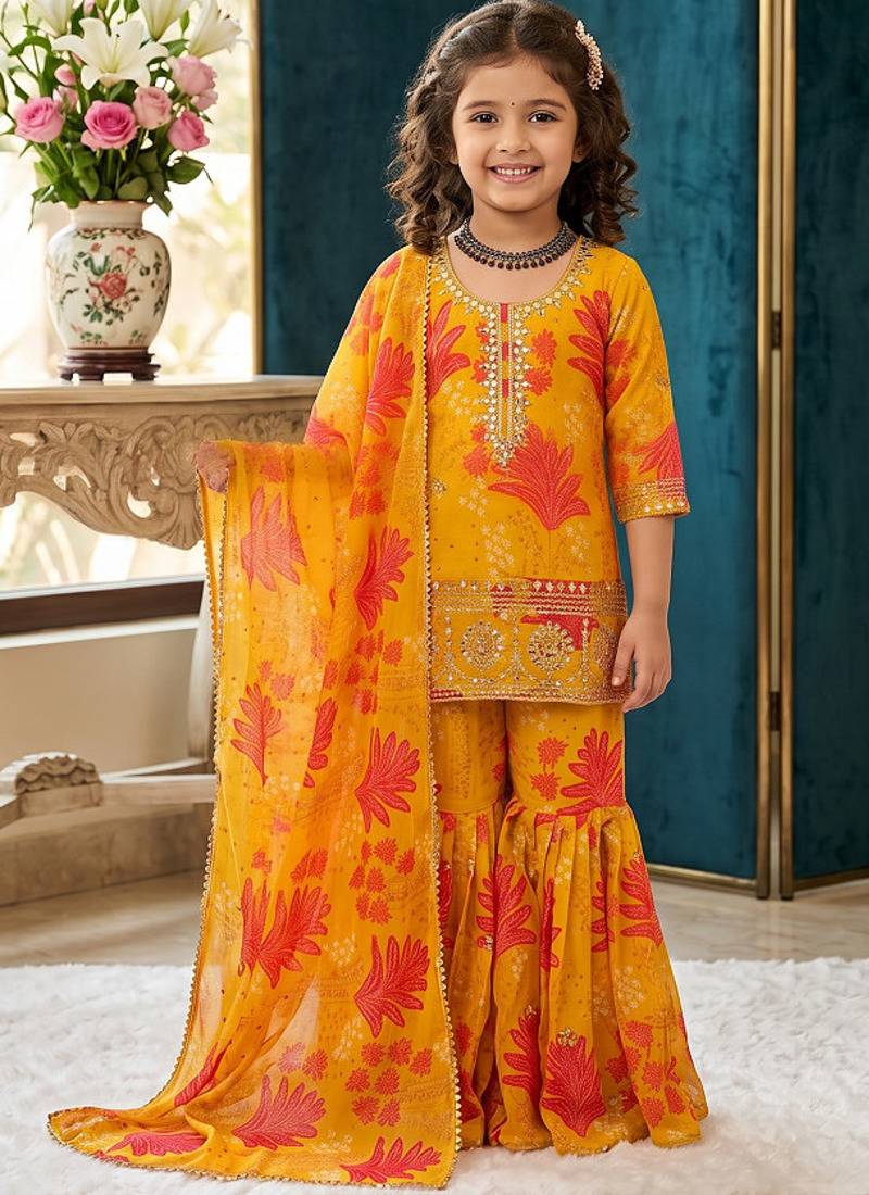 Faux georgette digital print with embroidered work kids sharara set