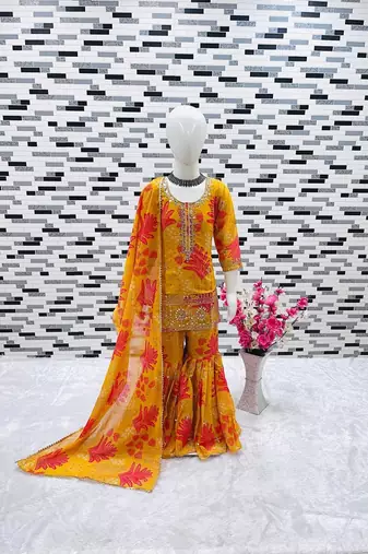 Faux georgette digital print with embroidered work kids sharara set