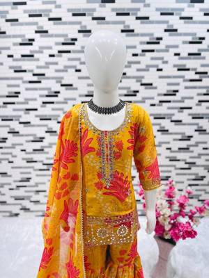 Faux georgette digital print with embroidered work kids sharara set 3