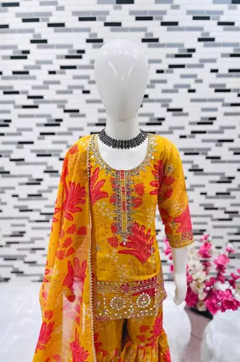 Faux georgette digital print with embroidered work kids sharara set