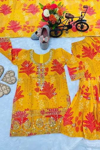 Faux georgette digital print with embroidered work kids sharara set