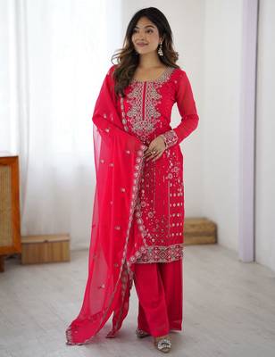 Rani Pink Faux Georgette Thread & Sequin Embroidered Palazzo Suit Set 1
