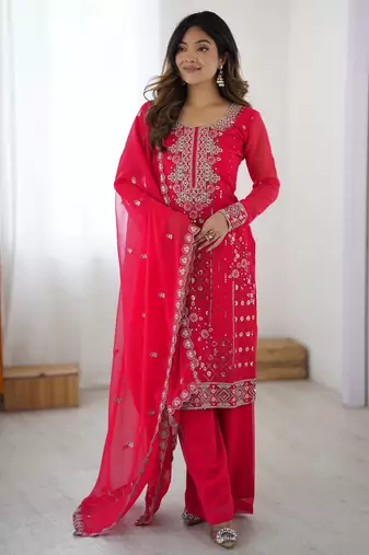 Rani Pink Faux Georgette Thread & Sequin Embroidered Palazzo Suit Set