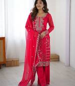 Rani Pink Faux Georgette Thread & Sequin Embroidered Palazzo Suit Set