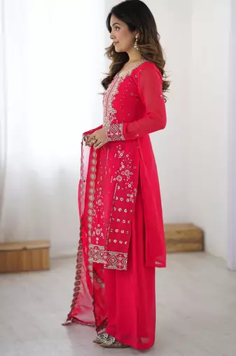Rani Pink Faux Georgette Thread & Sequin Embroidered Palazzo Suit Set