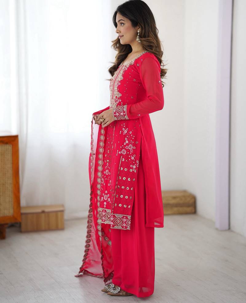 Rani Pink Faux Georgette Thread & Sequin Embroidered Palazzo Suit Set