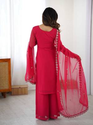 Rani Pink Faux Georgette Thread & Sequin Embroidered Palazzo Suit Set 3