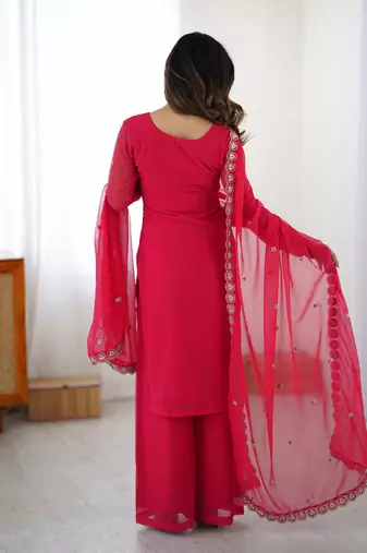 Rani Pink Faux Georgette Thread & Sequin Embroidered Palazzo Suit Set