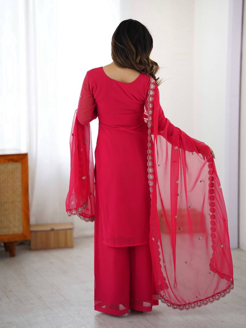 Rani Pink Faux Georgette Thread & Sequin Embroidered Palazzo Suit Set