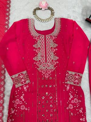 Rani Pink Faux Georgette Thread & Sequin Embroidered Palazzo Suit Set 4
