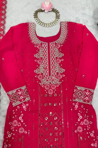 Rani Pink Faux Georgette Thread & Sequin Embroidered Palazzo Suit Set