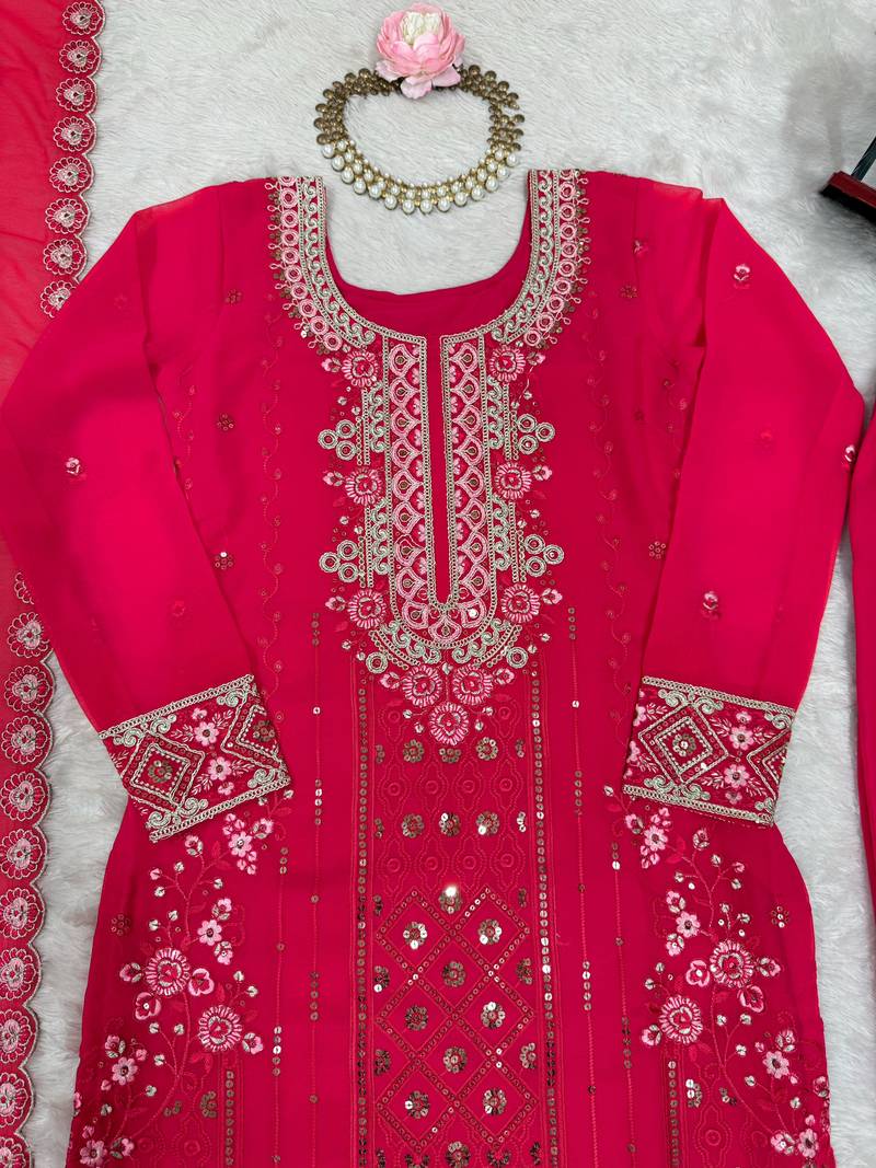Rani Pink Faux Georgette Thread & Sequin Embroidered Palazzo Suit Set