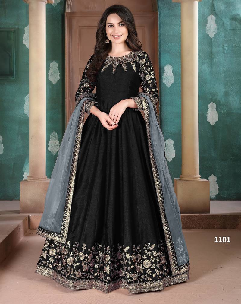 BLACK COLOR CORD N SEQUNCE WORK ART SILK GOWN 