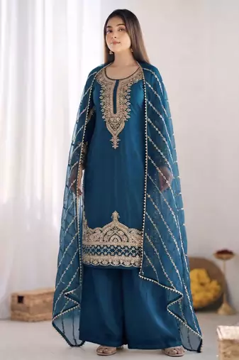 Blue embroidered beads work kurta set