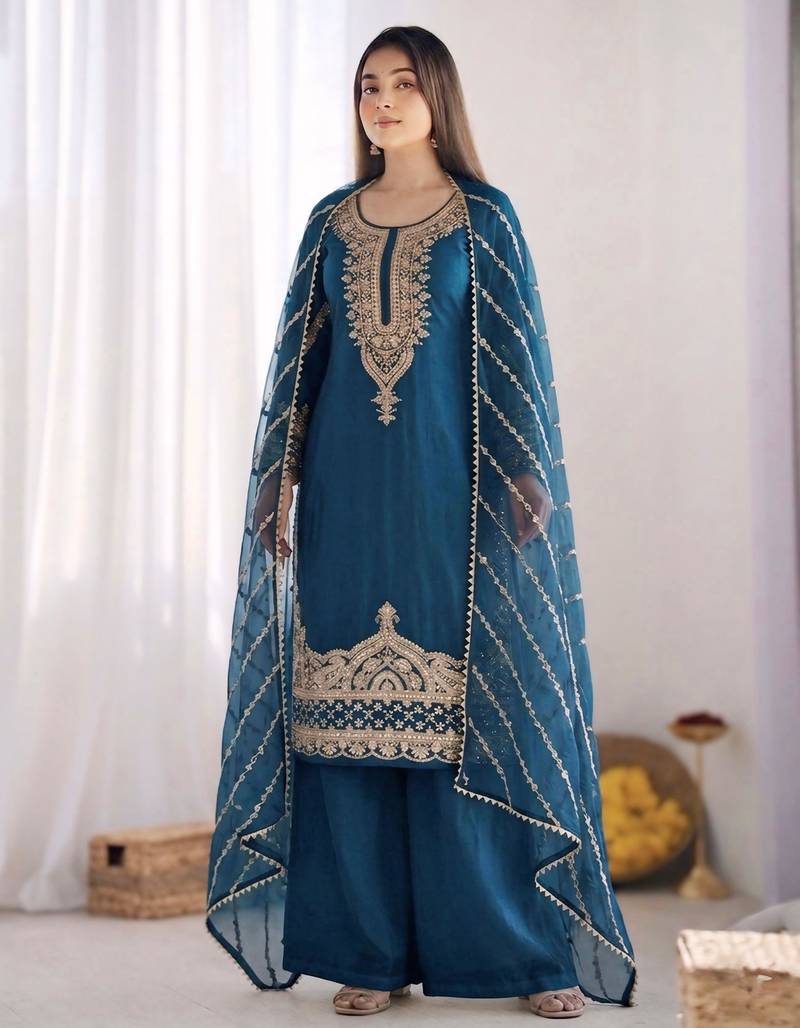 Blue  embroidered beads work kurta set