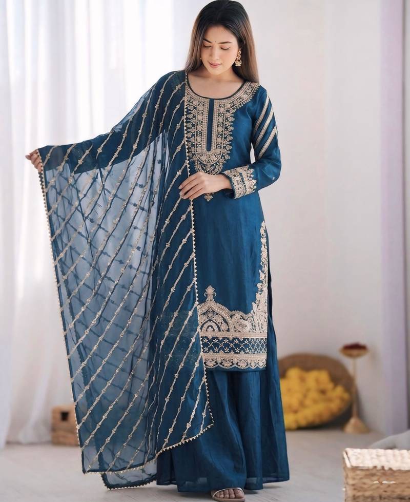 Blue  embroidered beads work kurta set