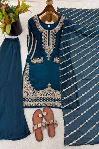 Blue embroidered beads work kurta set