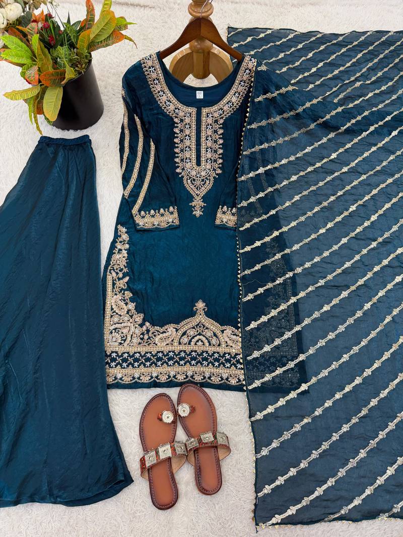 Blue  embroidered beads work kurta set