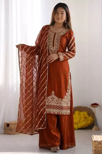Orange  embroidered beads work pallazo set