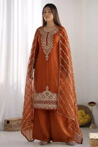 Orange embroidered beads work pallazo set