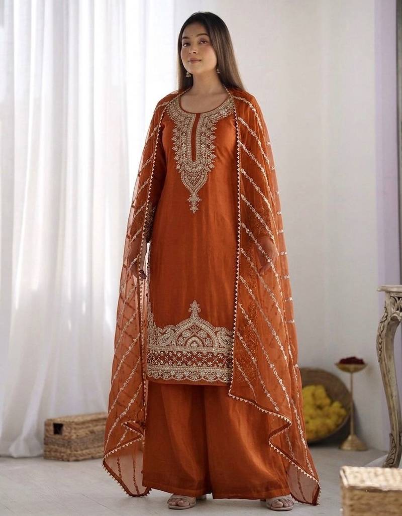 Orange  embroidered beads work pallazo set