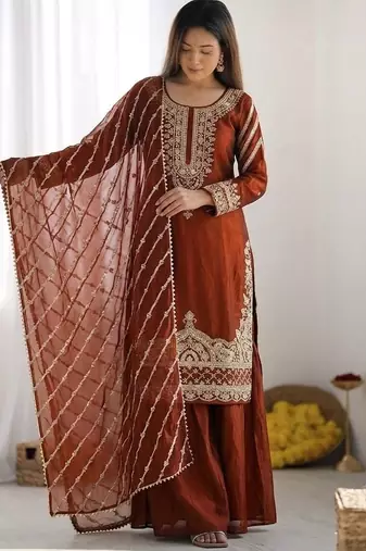 Orange embroidered beads work pallazo set
