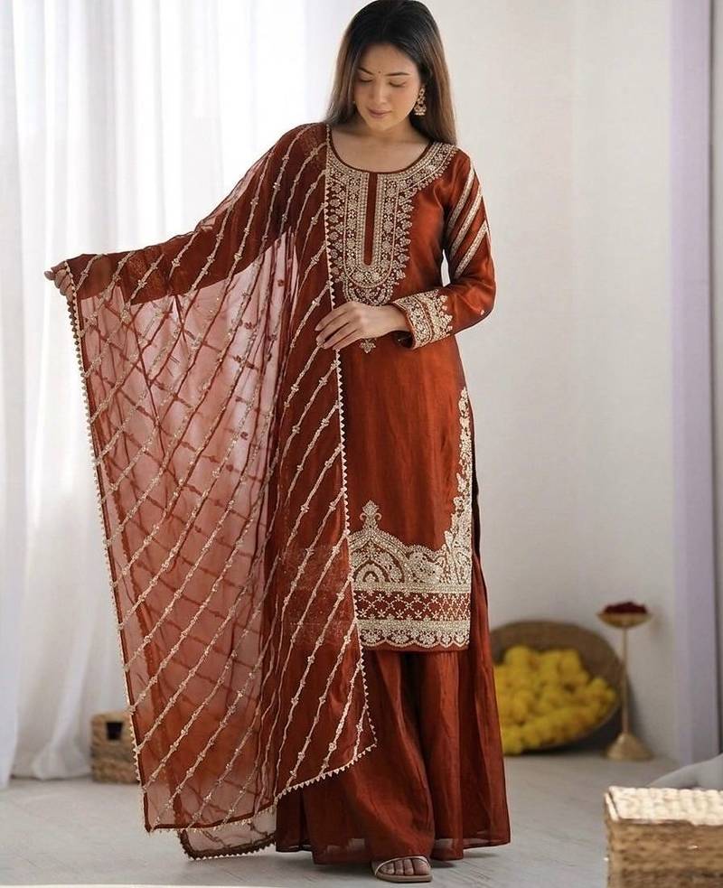 Orange  embroidered beads work pallazo set