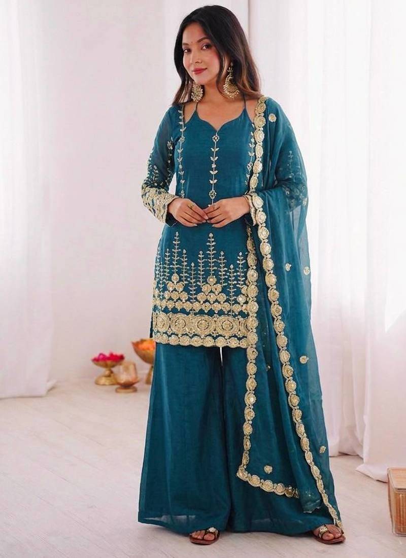 Blue embroidered ethnic wear pallazo set