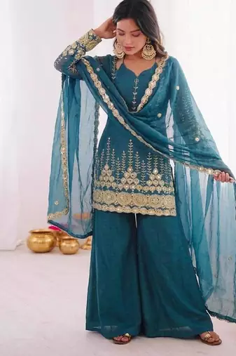 Blue embroidered ethnic wear pallazo set