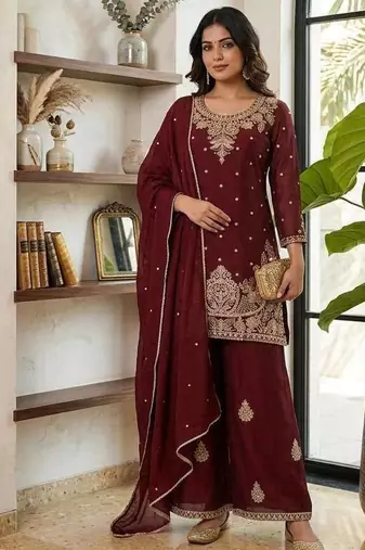 Red embroidered readymade suit