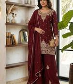 Red embroidered readymade suit