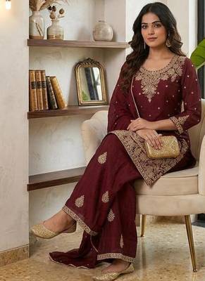 Red embroidered readymade suit 2